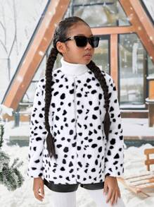 女大童斑點印花毛茸茸外套 - 黑與白 - 查看 6