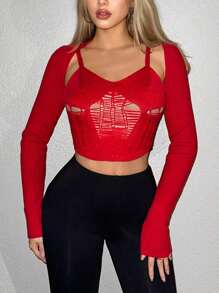 Sweetina Solid Crop Cardigan With Bolero - Red - View 1