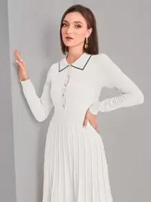 Modelyn 撞色滾邊百褶下擺毛衣洋裝 - 白色 - 查看 4