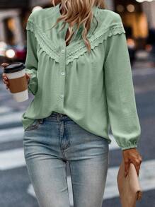 SHEIN LUNE Guipure Lace Insert Lantern Sleeve Blouse - Green - View 1