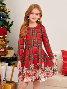 SHEIN Girls' Knitted Plaid & Snowflake Pattern Round Neck Fitted Casual Dress, Family Matching Outfits Mommy And Me (3 Pieces Sold Separately)