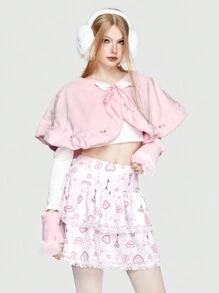 ROMWE Kawaii Appliques Tie Neck Cape Coat - Pink - View 3