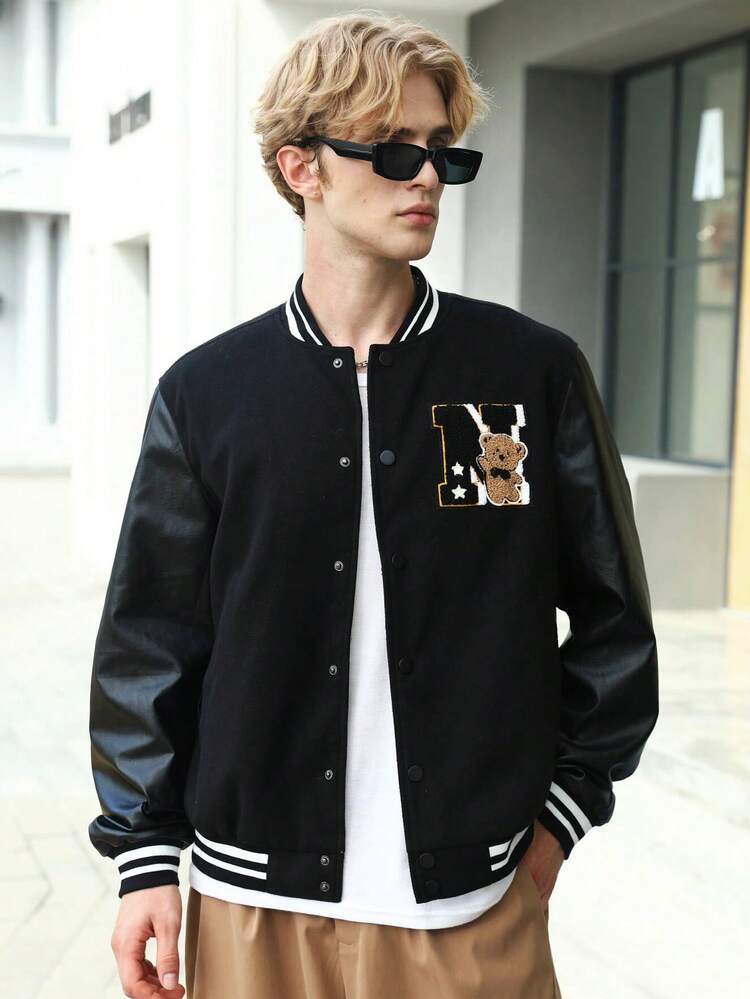 Oversized Men's Patched Detail Striped Trim Varsity Jacket, For Fall Winter