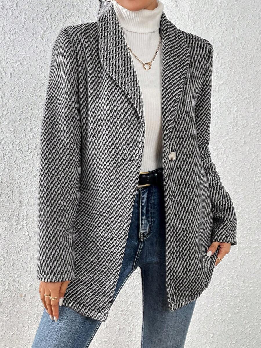 Chiquease Allover Print Shawl Collar Single Button Overcoat - Black and White - View 1