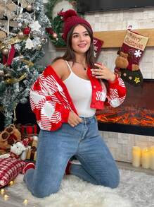 SHEIN Essnce Plus Plaid Print Lantern Sleeve Tee - Red - View 3