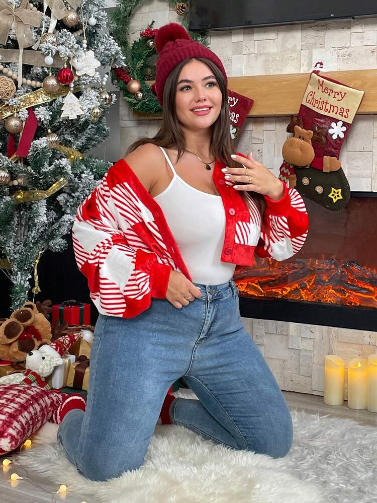 SHEIN Essnce 大碼格紋印花燈籠袖T恤 - 紅色 - 查看 3