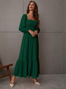 LUMIGAL Square Neck Shirred Ruffle Hem Dress Maxi Vacation Beach Outfits Women Fall Cloth For Women - Dark Green - View 4