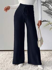 SHEIN LUNE Drawstring Waist Wide Leg Knit Pants - Royal Blue - View 1