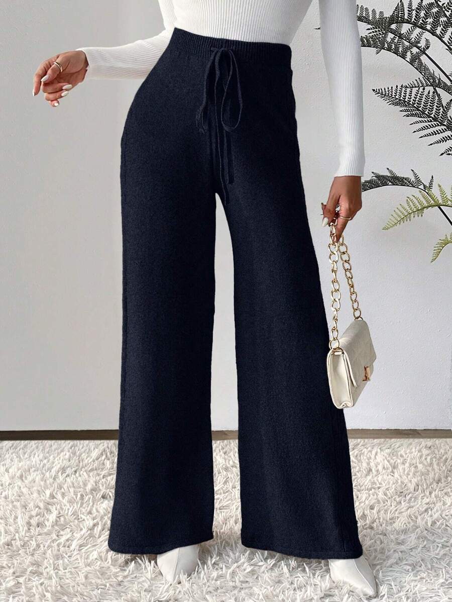 SHEIN LUNE Drawstring Waist Wide Leg Knit Pants - Royal Blue - View 1