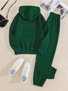 INAWLY Kangaroo Pocket Drawstring Hoodie & Sweatpants - Dark Green - View 2