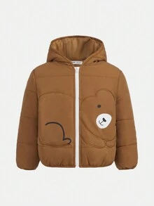 SHEIN Young Boy Cartoon Embroidery 3D Ear Design Hooded Padded Coat - Brown - View 5