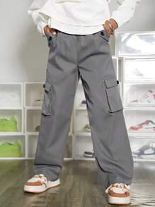 SHEIN Leap Crew Tween Boy Flap Pocket Side Cargo Pants - Grey - View 5