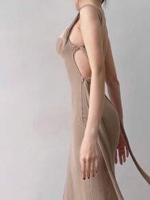 性感露背细肩带情人节连衣裙，女士春夏派对优雅装扮 - 卡其色 - 查看 3
