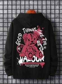 Manfinity EMRG 大碼熊和標語圖案袋鼠口袋抽繩連帽衫 - 黑色 - 查看 1