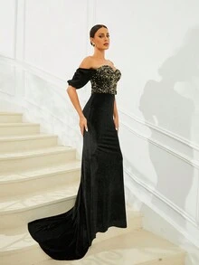 Missord Off Shoulder Tương phản Sequin Nàng tiên cá Hem Nhung Ăn mặc trang trọng - màu đen - Xem 8