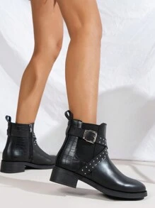 女士搭扣铆钉粗跟踝靴，圆头侧拉链新款秋冬靴，舒适黑色休闲时尚靴 - 黑色 - 查看 4