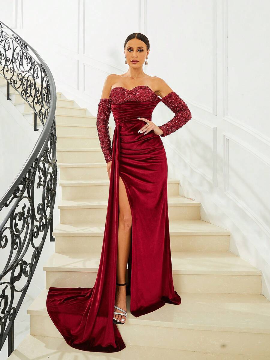 Missord Off Shoulder Contrast Sequin Ruched Split Thigh Formal Dress - Burgundy - View 1