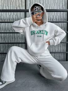 Cloudara Letter Graphic Drop Shoulder Drawstring Hoodie & Sweatpants - White - View 4
