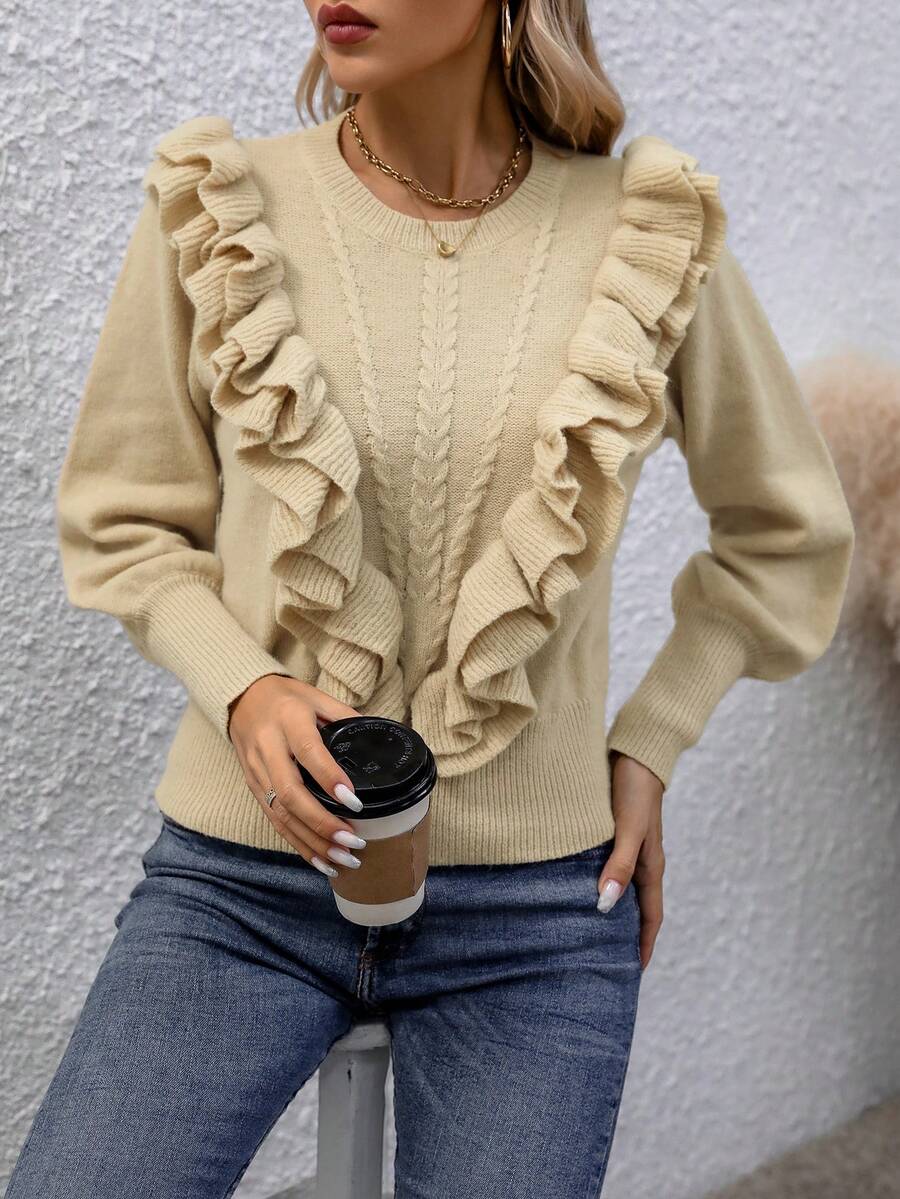 SHEIN Clasi Jersey ribete con fruncido tejido de cable - Caqui - Ver 1