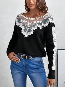 SHEIN LUNE Guipure Lace Insert Drop Shoulder Sweater - Black - View 4