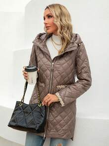 Zip Up Hooded Quilted Coat - Brown - View 6