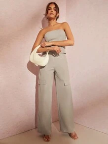 SHEIN BAE 素色抹胸上衣&闊腿褲 - 淺灰色 - 查看 5