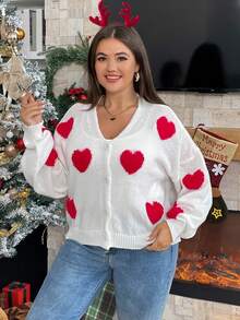 SHEIN Privé Hơn Hình trái tim Thả vai Áo len Mở - trắng - Xem 4