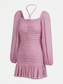 Teen Girl Ruched Ruffle Hem Halter Dress - Pink - View 3