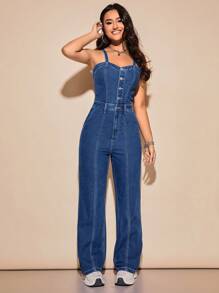 SHEIN Privé 前紐扣斜口袋牛仔吊帶連體褲 - 深色水洗藍 - 查看 3
