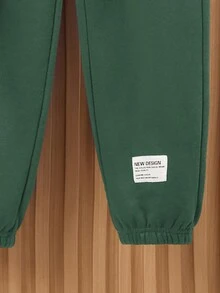 SHEIN 男大童字母貼布加絨內裏套頭衫和運動褲 - 綠色 - 查看 8