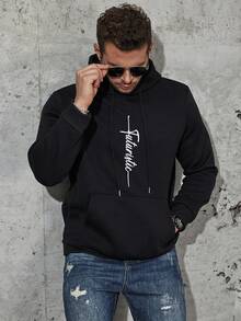 Manfinity Homme Men Plus Letter Graphic Kangaroo Pocket Drawstring Hoodie - Black - View 6