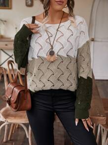 SHEIN LUNE 大碼撞色網眼針織落肩袖套頭毛衣 - 彩色 - 查看 6