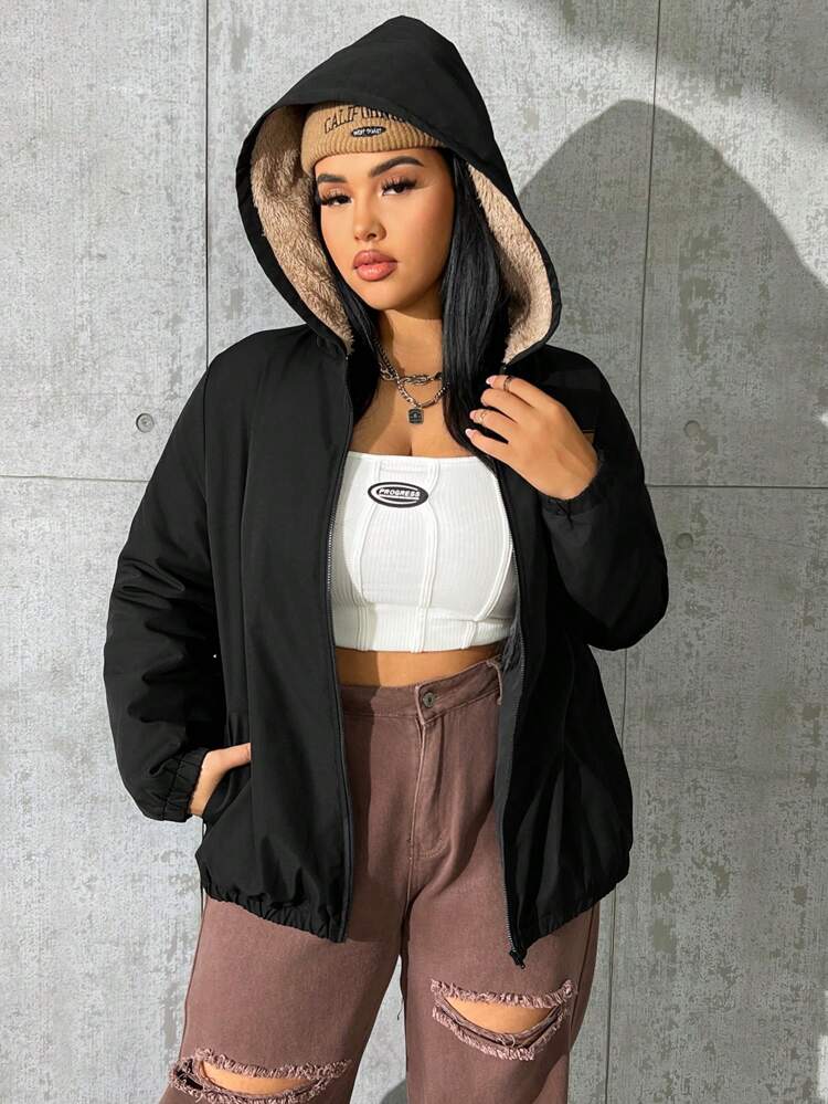 Plus Letter Graphic Zip Up Hooded Jacket Winter Fall Autumn