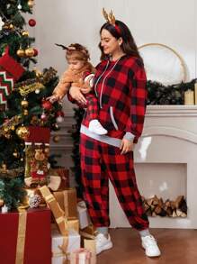 SHEIN LUNE 大碼拼接面大格紋抽繩連帽衫和運動褲 - 紅色 - 查看 3