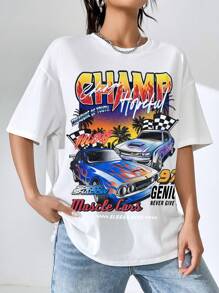 SHEIN EZwear 休闲字母与汽车印花超大圆领短袖 T 恤，女士，夏季，男女通用 - 白色 - 查看 4