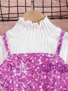 SHEIN Cô gái Tween Kim sa Hiệu ứng Váy Dây & Áo thun - Màu Hồng Tươi - Xem 3