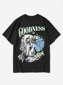 Studio Chunk 街头风格女士破碎字母印花宽松 T 恤，卡通图案 T 恤 - 黑色 - 查看 1