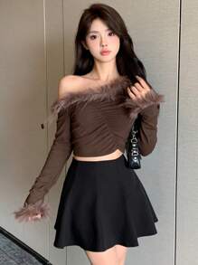 DAZY 纯色高腰喇叭裙秋季半身裙 - 黑色 - 查看 4