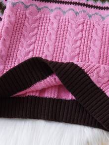 SHEIN Tween Girl Geo Pattern Contrast Trim Cable Knit Sweater - Multicolor - View 6