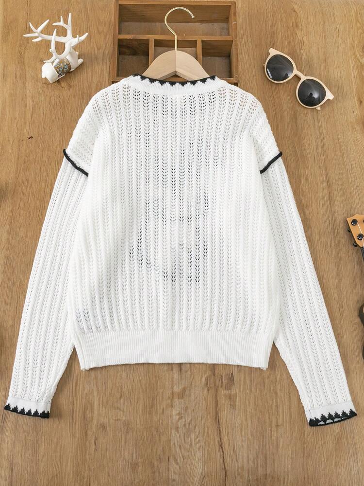 Tween Girl Rabbit Pattern Contrast Trim Drop Shoulder Sweater