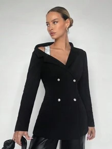 Maija Rhinestone Chi tiết Đôi ngực Cổ không đối xứng Áo vest - màu đen - Xem 1