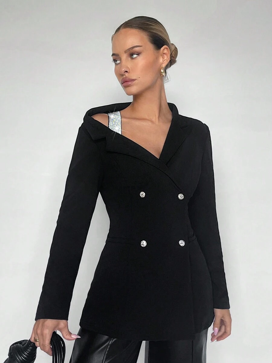 Maija Rhinestone Chi tiết Đôi ngực Cổ không đối xứng Áo vest - màu đen - Xem 1