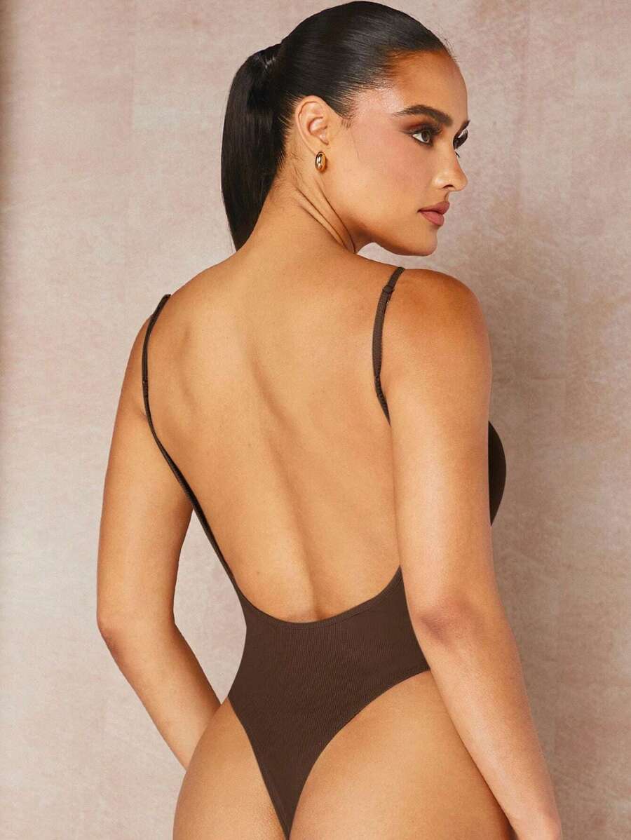 Silquee Solid Backless Cami Bodysuit - Coffee Brown - View 1