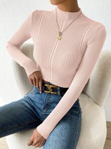 Chiquease Cổ giả Đồ đan Ribbed Áo len Crop - Màu Hồng baby - Xem 5