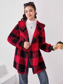 SHEIN Thiếu niên cô gái Họa tiết kẻ sọc trâu áo có mũ Áo khoác Teddy - Màu Đỏ Sâu - Xem 4