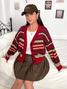 Flirla 大碼聖誕條紋圖案落肩袖開襟衫 - 彩色 - 查看 4