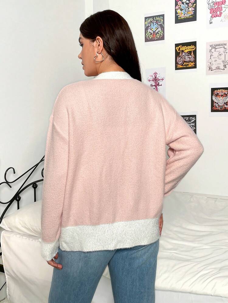 Plus Contrast Trim Drop Shoulder Cardigan