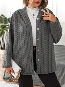 Calvaya Plus Cable Knit Hooded Coat - Dark Grey - View 6