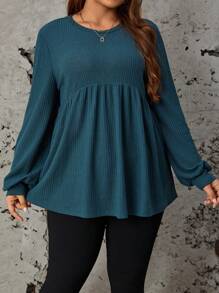 SHEIN LUNE 大尺碼實色娃娃裝春季上衣 - 墨綠色 - 查看 3