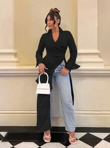 SHEIN SXY Tay áo loe Xù Viền không đối xứng Áo sơ mi - màu đen - Xem 1